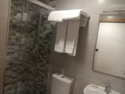 a bathroom with a shower and a toilet and a mirror at Hostal Outarelo in Ourense