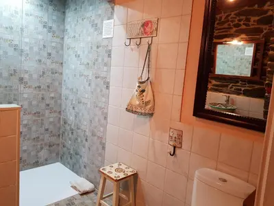 a bathroom with a toilet and a mirror at Casa do Estevo in Francos