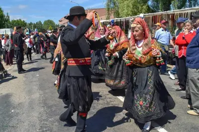a group of people in folk costumes in a parade at CASA CAMARGA in Santiago Millas