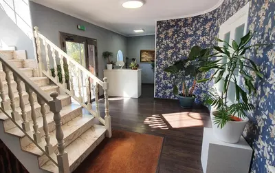 a hallway with stairs and potted plants in a house at Hotel Prados in Lugo