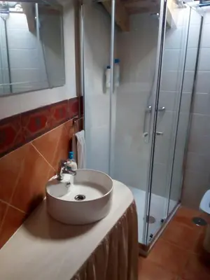 a bathroom with a sink and a shower at Casa Camino Santiago-Fisterra in Amés