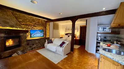 a living room with a couch and a fireplace at Apartamentos rurales La Pornacal I y La Pornacal II in Villar de Vildas