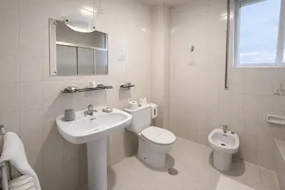 a white bathroom with a toilet and a sink at Hotel San Rosendo in Ourense