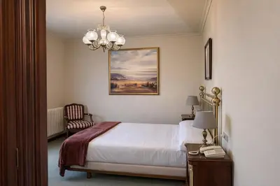 a bedroom with a bed and a chandelier at Hotel San Rosendo in Ourense