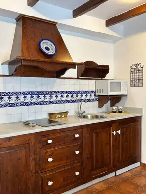 a kitchen with wooden cabinets and a sink at As Tapias Apartamentos in Tapia de Casariego