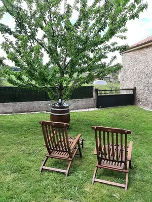 two benches sitting next to a tree in a yard at Casa Galipendre in A Estrada