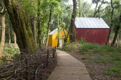 a path leading to a red and yellow building and ashed at Cabanas da Ulla in Touro