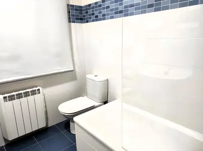 a bathroom with a toilet and a glass shower at HOLIDAY HOMES Figueras AT in Castropol