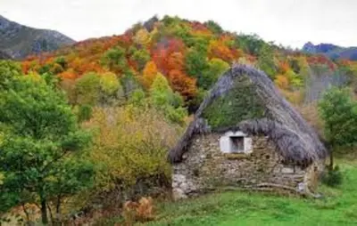a painting of an old house with a grass roof at zentralclub apartamento El Nido de Somiedo in Santiago del Hermo