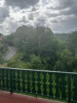 a balcony with a view of a road and trees at Hotel rural casa Ferreiro in Seoane