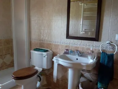 a bathroom with a toilet and a sink and a mirror at Casa Crisanta in Lomba