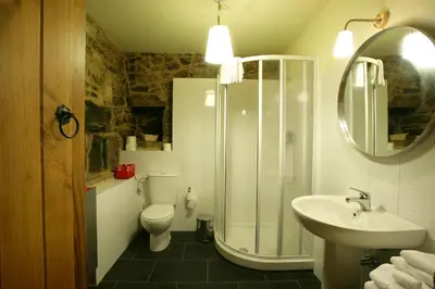 a bathroom with a shower and a toilet and a sink at A Parada Das Bestas in Pidre