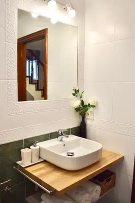a bathroom with a white sink and a mirror at Lucus Dúplex in Lugo
