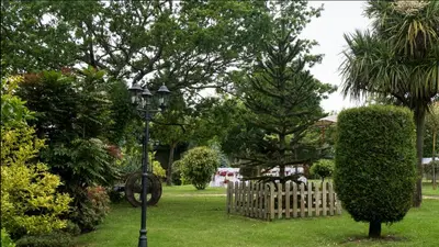 a street light in a yard with a fence and trees at Hostal Restaurante O'Cadaval in Frades