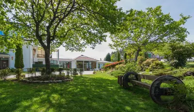 a park bench in the grass in front of a building at Hostal Restaurante O'Cadaval in Frades
