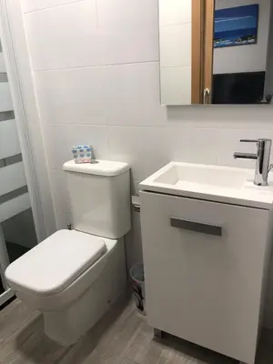 a white bathroom with a toilet and a sink at Pensión Tasaga in O Pino