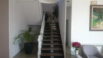 a spiral staircase with plants on it in a living room at Hotel El Millón in Viveiro