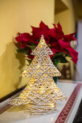 a gold christmas tree sitting next to a vase of red flowers at CASA SEGADE in A Coruña