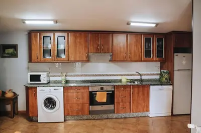 a kitchen with wooden cabinets and a white dishwasher at Casa da Labaceira in Santo Tomé