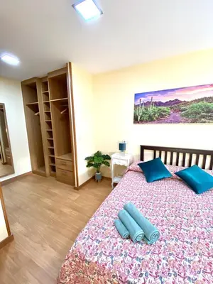 a bedroom with a large bed with blue pillows on it at ARENAL HOME, PARKING GRATIS in Lugo