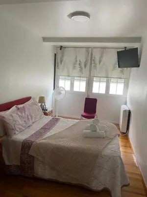 a bedroom with a bed and a window with a purple chair at Apartamento próximo a la catedral in Santiago de Compostela