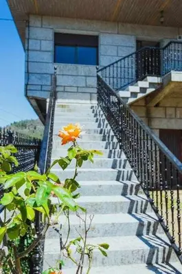 a staircase leading to a house with a orange flower at Casa Ourense Guxinde in Pereira