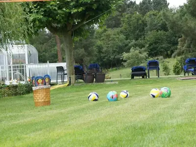 a group of beach balls sitting in the grass at O Yunque - Casa Ferrador (Ribeira Sacra) in Sober
