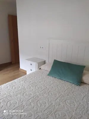 a bed with a green pillow on top of it at Piso de alquiler en Tapia de Casariego in Tapia de Casariego