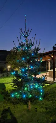 a christmas tree with blue and green lights at Casa rural La casilla de Ois-Betanzos-A Coruña in Coirós