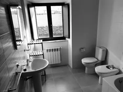 a bathroom with a sink and a toilet and windows at Casa Muiño dos Frades in Lourenzá