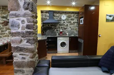 a kitchen with a stone wall and a washer and dryer at Casa Rural Madreselva in Navelgas