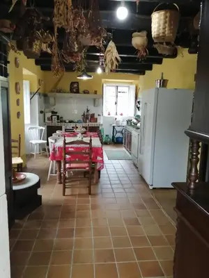 a kitchen with a table and a white refrigerator at Casa Oute in Sobrada