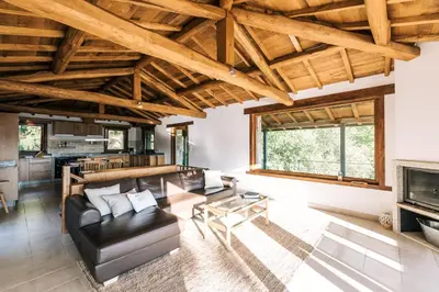 a living room with a leather couch and a fireplace at Casa de lujo en la Ribeira Sacra in Acova