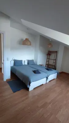 a bedroom with a large bed with blue sheets and a ladder at Morgon House in Molinaseca