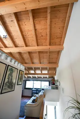 a living room with wooden ceilings and a couch at Casa da Ponte in Monforte de Lemos