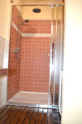 a shower in a bathroom with red tile at Airiños de Mondariz in Mondariz