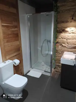 a bathroom with a shower and a toilet and a sink at Albergue Atrio in Tríacastela