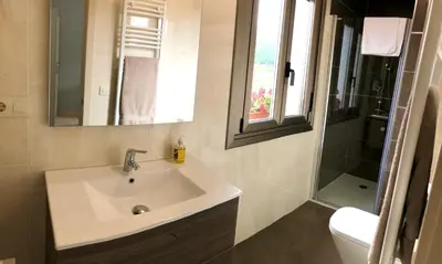 a bathroom with a sink and a mirror and a shower at Casa nueva con jardín y wifi en Ribeira Sacra in Castrelo