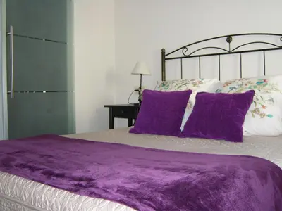 a bedroom with a purple blanket on a bed at PR Tambre in Santiago de Compostela