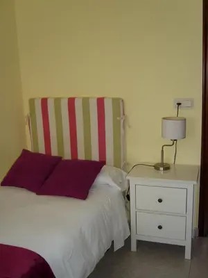 a bed with a striped headboard next to a nightstand at PR Tambre in Santiago de Compostela