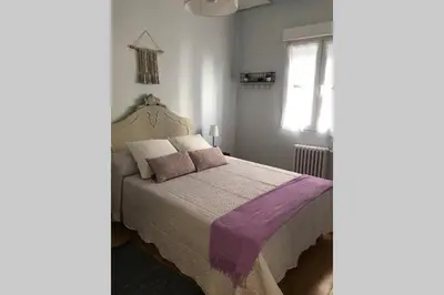 a bedroom with a bed with purple sheets and a window at cuartin del camino in Ponferrada