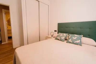 a bedroom with a large bed with a green headboard at Apartamentos Rúa Vella in Caldas de Reis