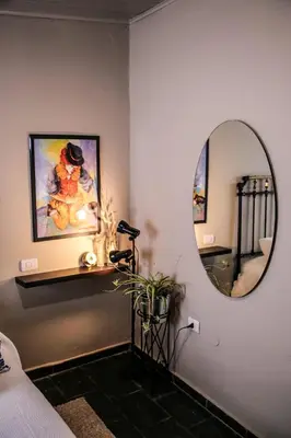 a room with a mirror and a table with a plant at Casa de Arriba in Rinlo