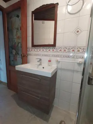 a bathroom with a sink and a mirror at Casa MiraXurés con vistas a la Sierra del Xurés in Ourense