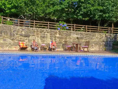 a group of people sitting around a table by a pool at Cas do Mestre - Casa rural con Encanto in Pontevedra