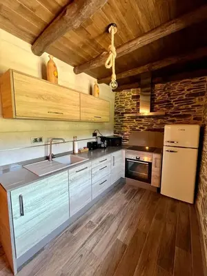 a kitchen with a sink and a refrigerator at Casa A Poza in Samos