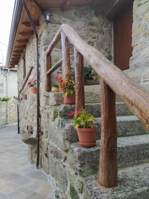 a stone house with potted plants on the stairs at Casa Pion in Sober