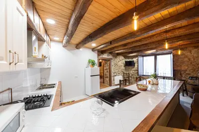 a kitchen with white appliances and a wooden ceiling at Casa Pion in Sober