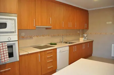 a kitchen with wooden cabinets and a white appliance at El Mirador De Limes in Cangas del Narcea