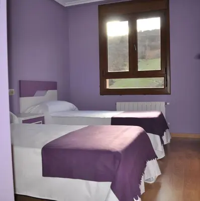 two beds in a room with a window at El Mirador De Limes in Cangas del Narcea